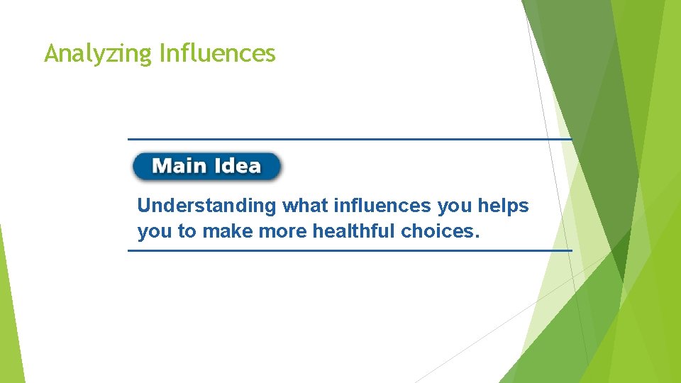 Analyzing Influences Understanding what influences you helps you to make more healthful choices. 