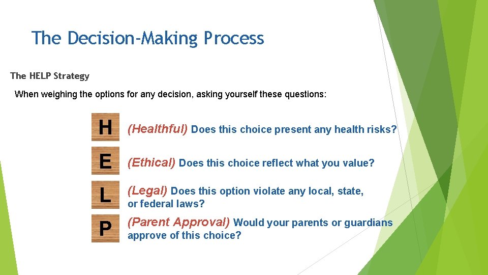 The Decision-Making Process The HELP Strategy When weighing the options for any decision, asking