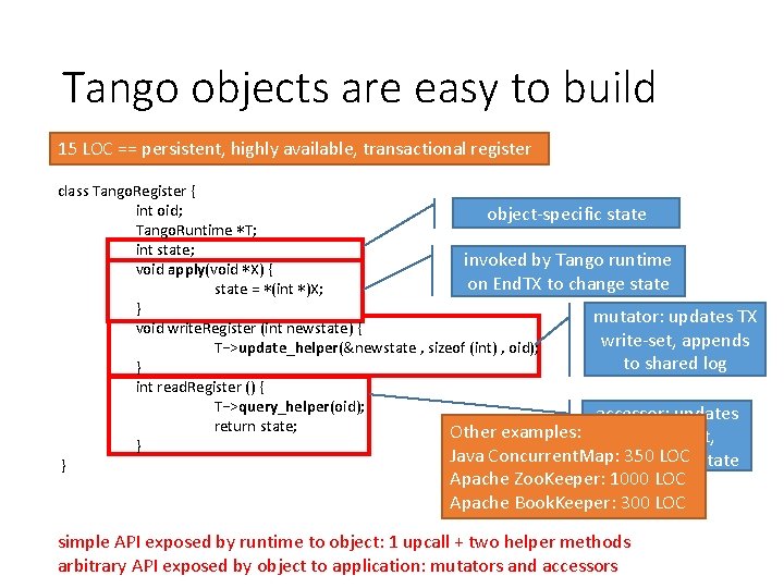 Tango objects are easy to build 15 LOC == persistent, highly available, transactional register