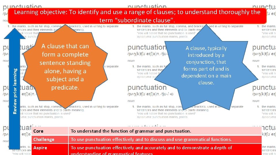 Review prior learning Learning objective: To identify and use a range of clauses; to