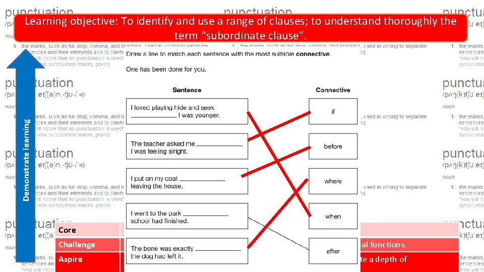 Demonstrate learning Learning objective: To identify and use a range of clauses; to understand