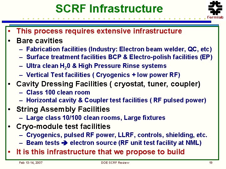 SCRF Infrastructure • This process requires extensive infrastructure • Bare cavities – – Fabrication