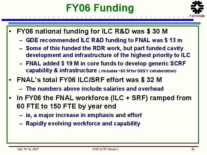 FY 06 Funding • FY 06 national funding for ILC R&D was $ 30