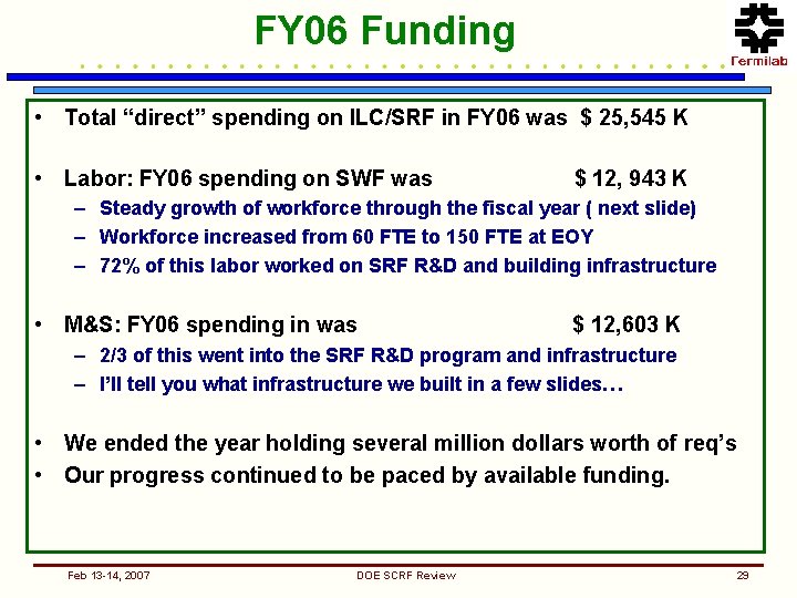 FY 06 Funding • Total “direct” spending on ILC/SRF in FY 06 was $