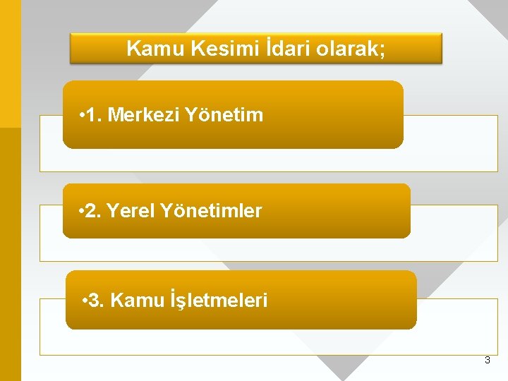 Kamu Kesimi İdari olarak; • 1. Merkezi Yönetim • 2. Yerel Yönetimler • 3.