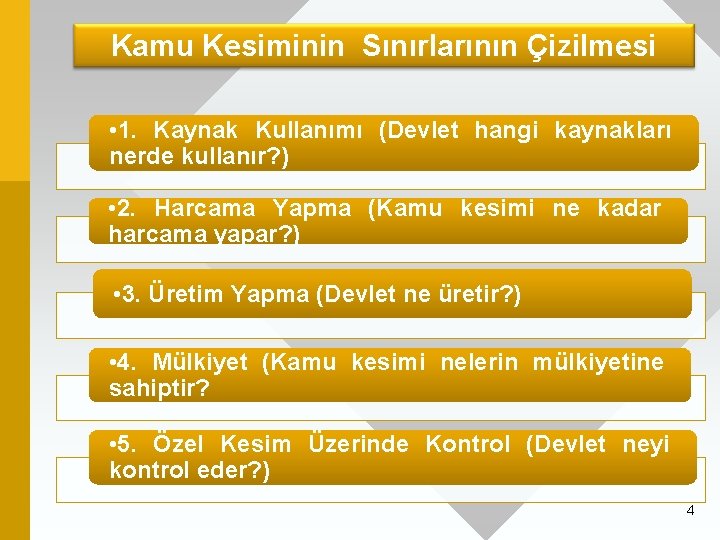 Kamu Kesiminin Sınırlarının Çizilmesi • 1. Kaynak Kullanımı (Devlet hangi kaynakları nerde kullanır? )