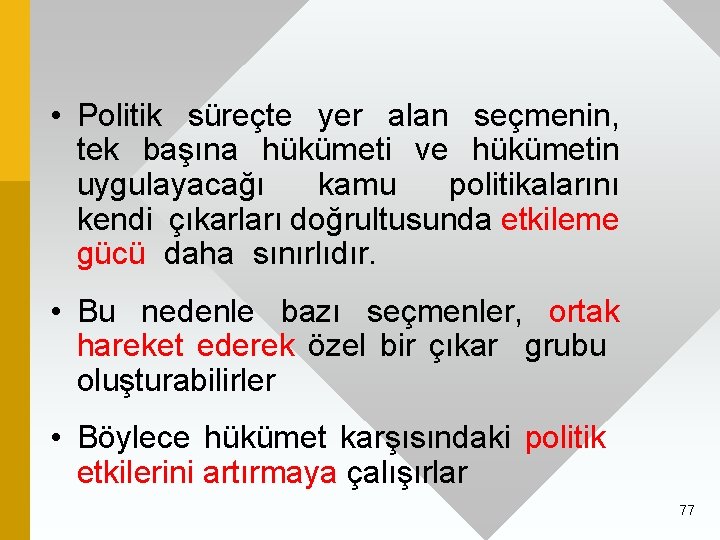  • Politik süreçte yer alan seçmenin, tek başına hükümeti ve hükümetin uygulayacağı kamu