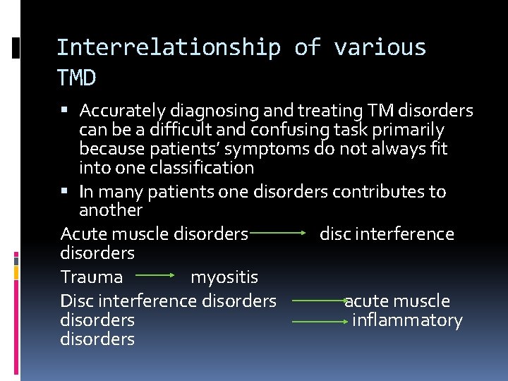 Interrelationship of various TMD Accurately diagnosing and treating TM disorders can be a difficult