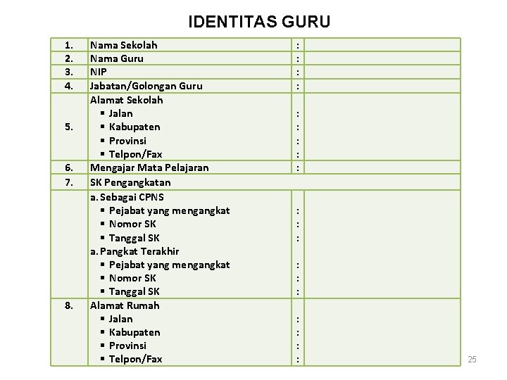 IDENTITAS GURU 1. 2. 3. 4. 5. 6. 7. 8. Nama Sekolah Nama Guru