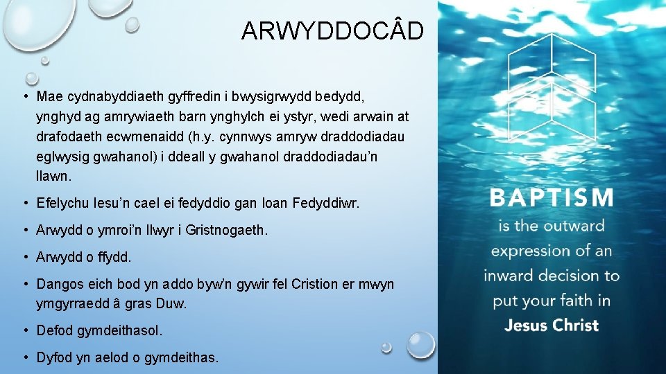 ARWYDDOC D • Mae cydnabyddiaeth gyffredin i bwysigrwydd bedydd, ynghyd ag amrywiaeth barn ynghylch