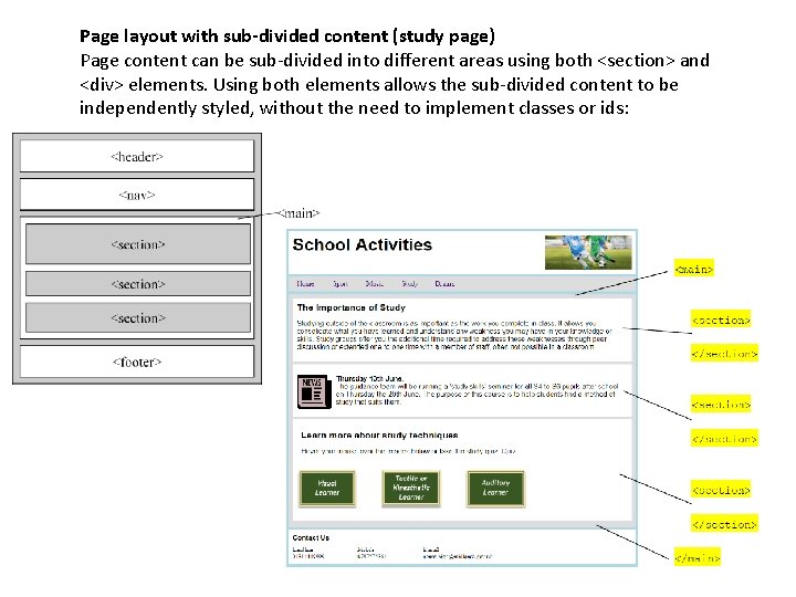 Page layout with sub-divided content (study page) Page content can be sub-divided into different