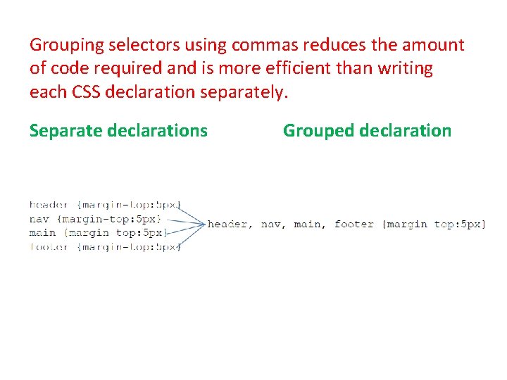 Grouping selectors using commas reduces the amount of code required and is more efficient