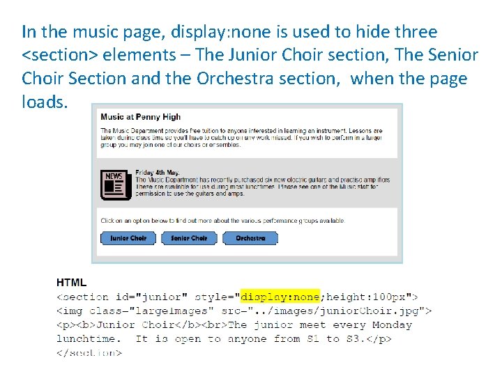 In the music page, display: none is used to hide three <section> elements –