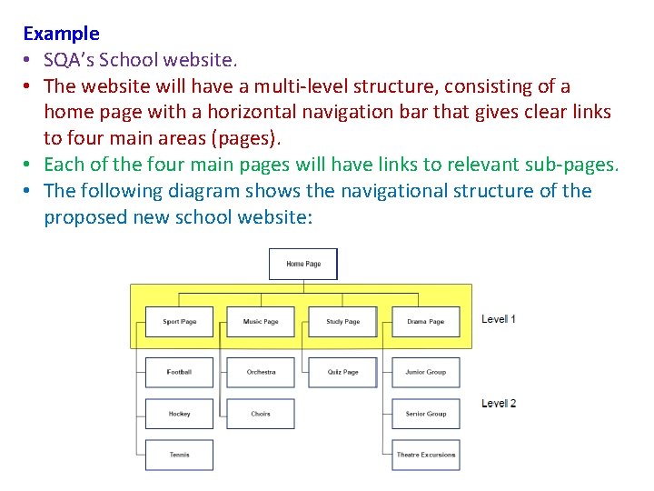 Example • SQA’s School website. • The website will have a multi-level structure, consisting