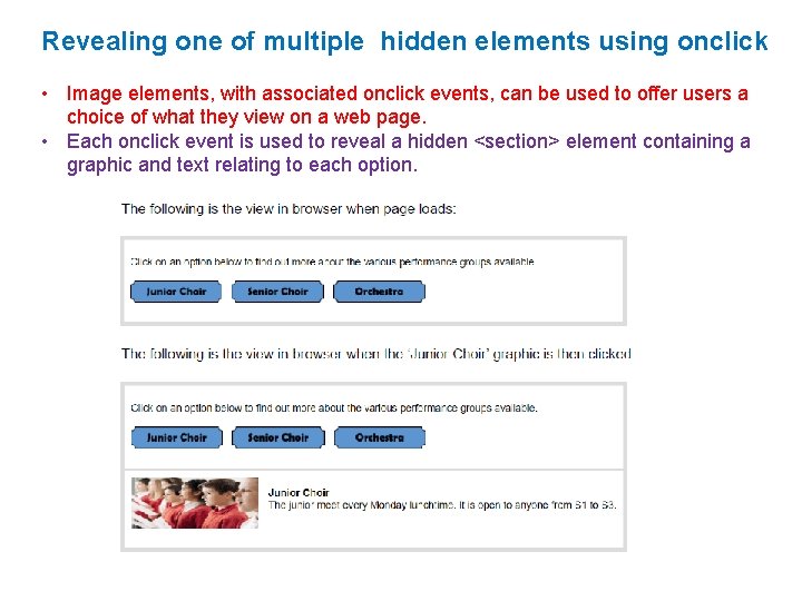 Revealing one of multiple hidden elements using onclick • Image elements, with associated onclick