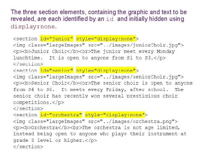 The three section elements, containing the graphic and text to be revealed, are each