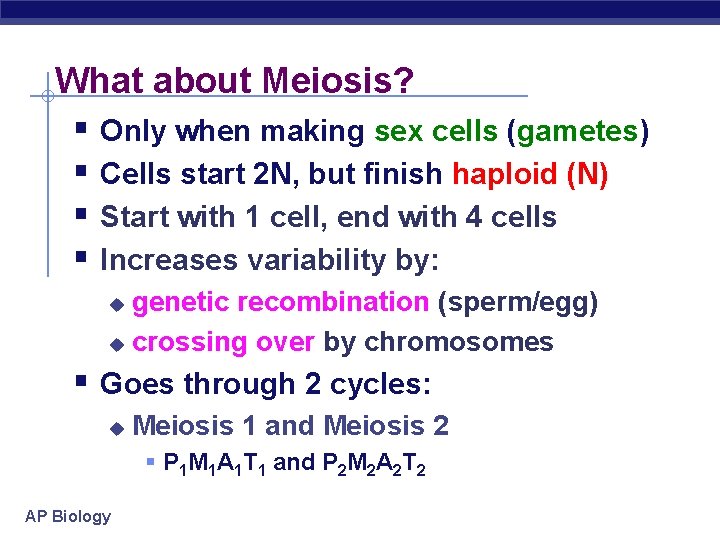 What about Meiosis? § Only when making sex cells (gametes) § Cells start 2