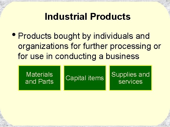 Industrial Products • Products bought by individuals and organizations for further processing or for