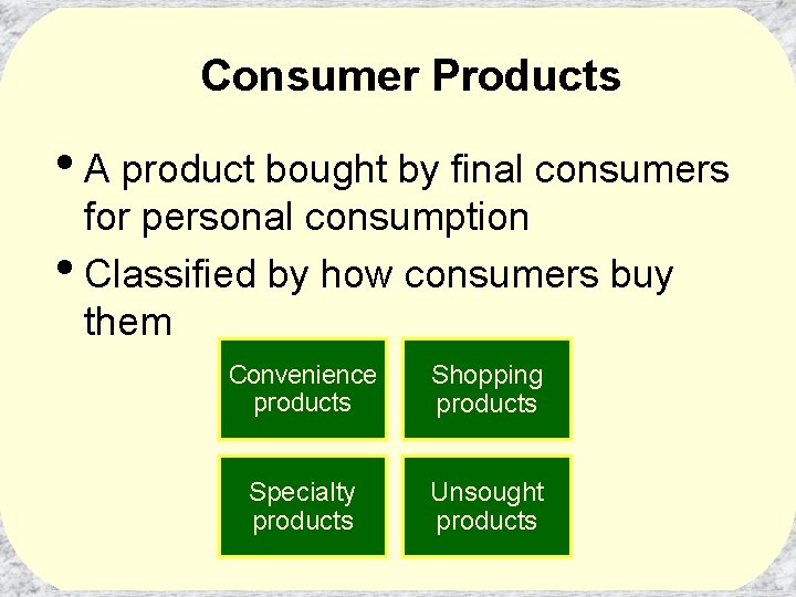 Consumer Products • A product bought by final consumers for personal consumption • Classified