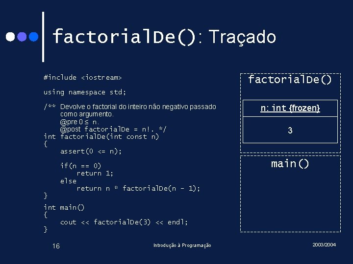 factorial. De(): Traçado #include <iostream> factorial. De() using namespace std; /** Devolve o factorial