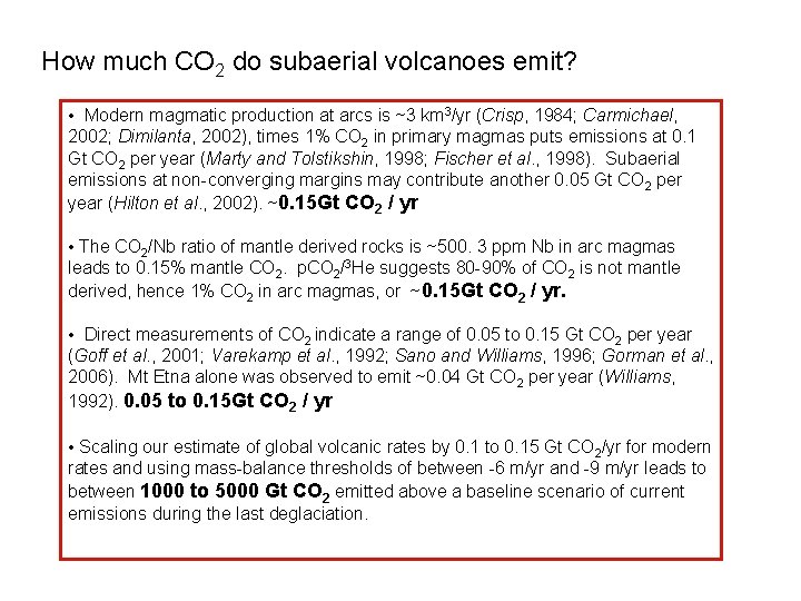 How much CO 2 do subaerial volcanoes emit? • Modern magmatic production at arcs