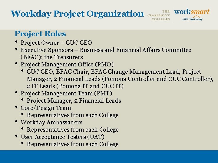 Workday Project Organization Project Roles • • Project Owner – CUC CEO Executive Sponsors