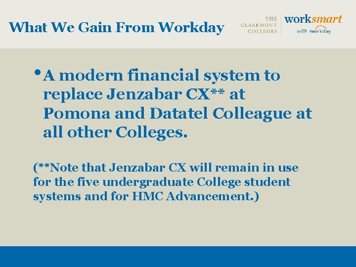 What We Gain From Workday • A modern financial system to replace Jenzabar CX**