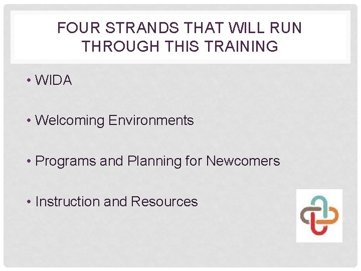 FOUR STRANDS THAT WILL RUN THROUGH THIS TRAINING • WIDA • Welcoming Environments •