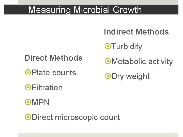 Measuring Microbial Growth Indirect Methods Turbidity Direct Methods Metabolic activity Plate counts Dry weight