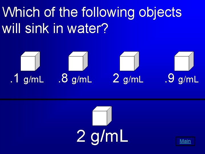 Which of the following objects will sink in water? . 1 g/m. L .