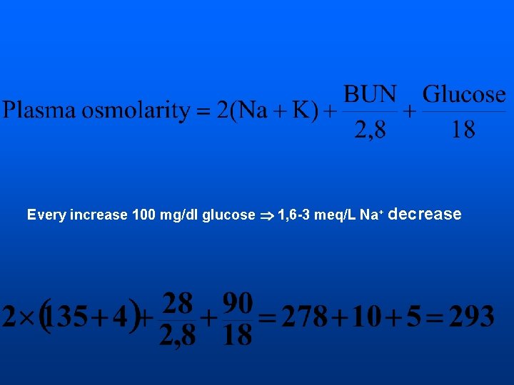 Every increase 100 mg/dl glucose 1, 6 -3 meq/L Na+ decrease 