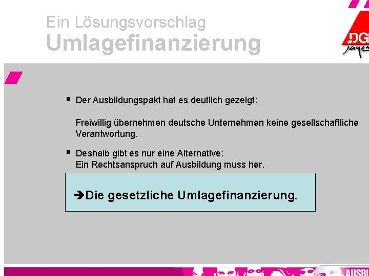 Ein Lösungsvorschlag Umlagefinanzierung § Der Ausbildungspakt hat es deutlich gezeigt: Freiwillig übernehmen deutsche Unternehmen