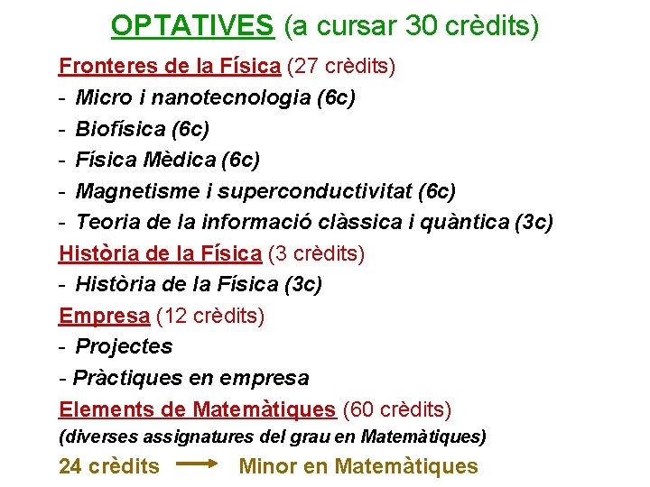 OPTATIVES (a cursar 30 crèdits) Fronteres de la Física (27 crèdits) - Micro i