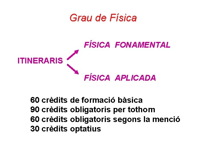 Grau de Física FÍSICA FONAMENTAL ITINERARIS FÍSICA APLICADA 60 crèdits de formació bàsica 90