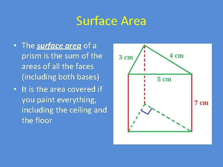 Surface Area • The surface area of a prism is the sum of the