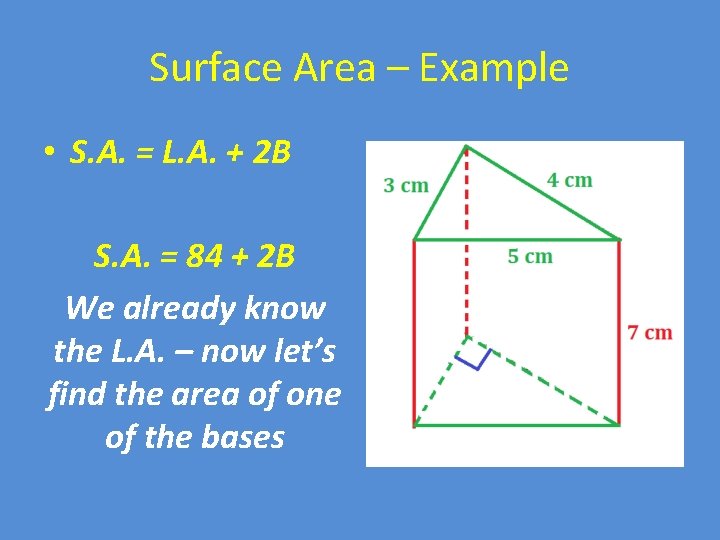 Surface Area – Example • S. A. = L. A. + 2 B S.