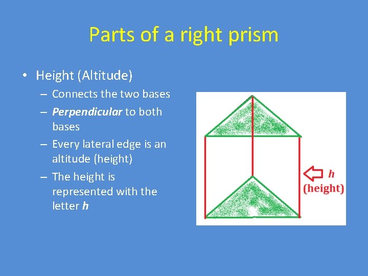 Parts of a right prism • Height (Altitude) – Connects the two bases –