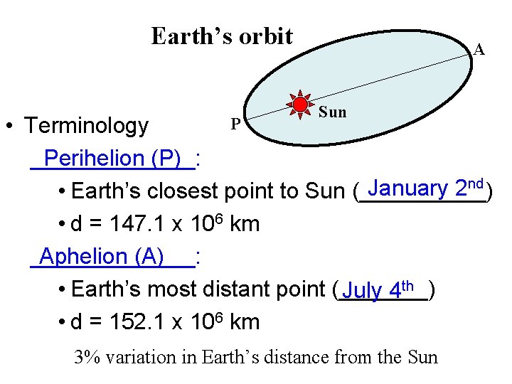 Earth’s orbit A Sun P • Terminology Perihelion (P) _______: January 2 nd •