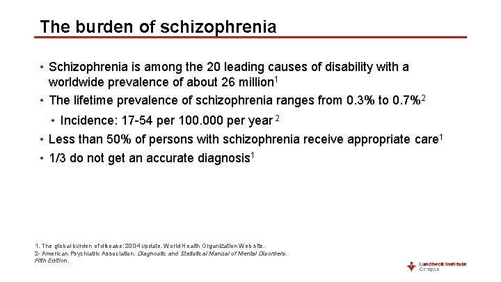 The burden of schizophrenia • Schizophrenia is among the 20 leading causes of disability