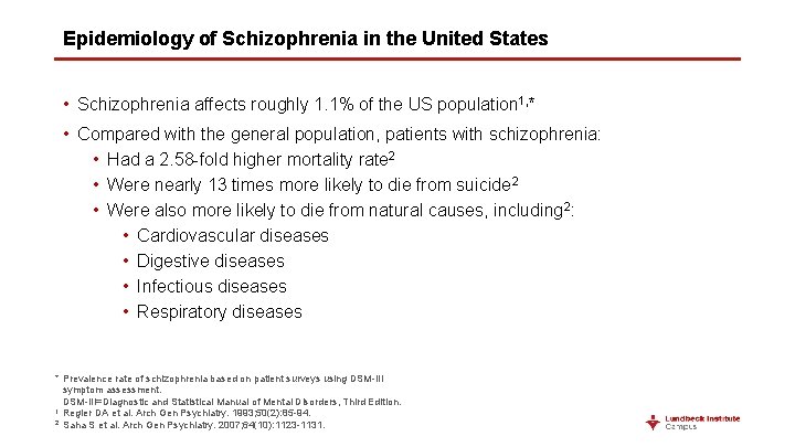 Epidemiology of Schizophrenia in the United States • Schizophrenia affects roughly 1. 1% of