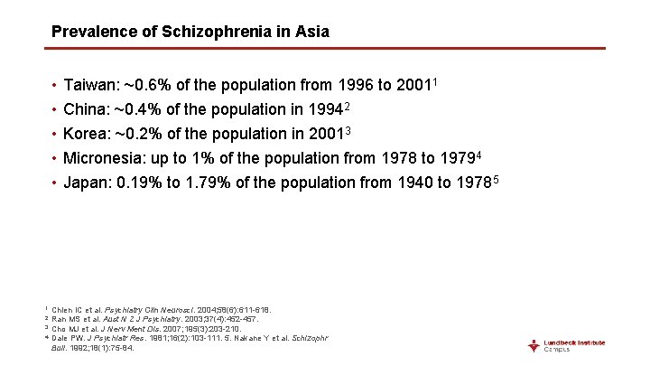 Prevalence of Schizophrenia in Asia • • • 1 2 3 4 Taiwan: ~0.