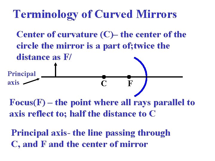 Terminology of Curved Mirrors Center of curvature (C)– the center of the circle the