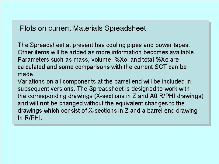 Plots on current Materials Spreadsheet The Spreadsheet at present has cooling pipes and power