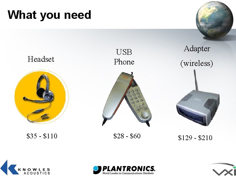 What you need Headset USB Phone $35 - $110 $28 - $60 Adapter (wireless)
