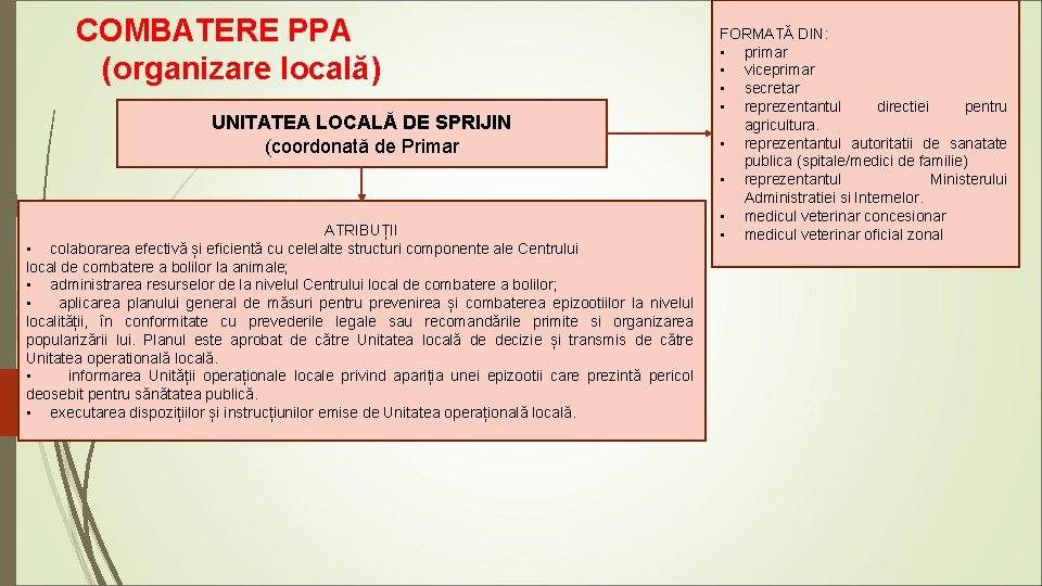 COMBATERE PPA (organizare locală) UNITATEA LOCALĂ DE SPRIJIN (coordonată de Primar ATRIBUȚII • colaborarea