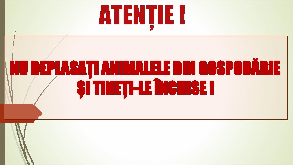 ATENȚIE ! NU DEPLASAȚI ANIMALELE DIN GOSPODĂRIE ȘI TINEȚI-LE ÎNCHISE ! 