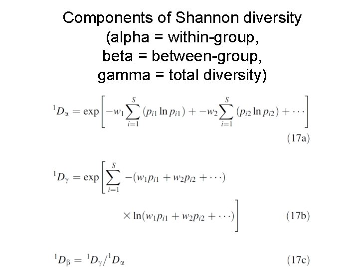 Components of Shannon diversity (alpha = within-group, beta = between-group, gamma = total diversity)