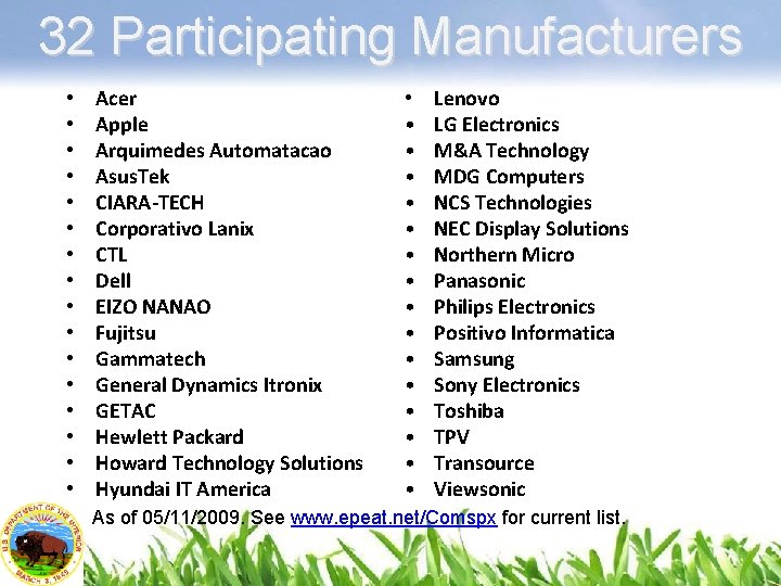 32 Participating Manufacturers • • • • Acer Apple Arquimedes Automatacao Asus. Tek CIARA-TECH