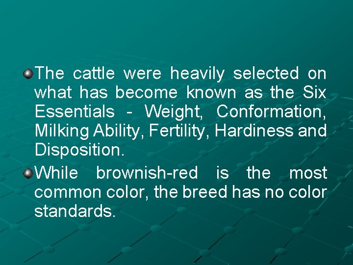 The cattle were heavily selected on what has become known as the Six Essentials