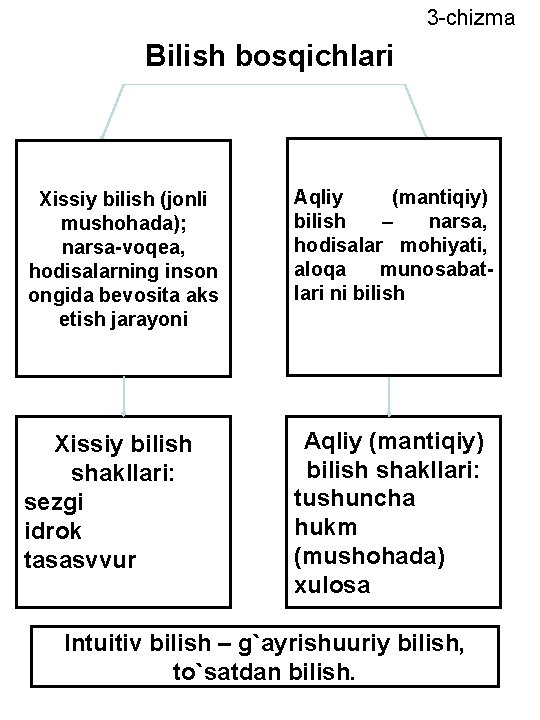 3 -chizma Bilish bosqichlari Xissiy bilish (jonli mushohada); narsa-voqea, hodisalarning inson ongida bevosita aks